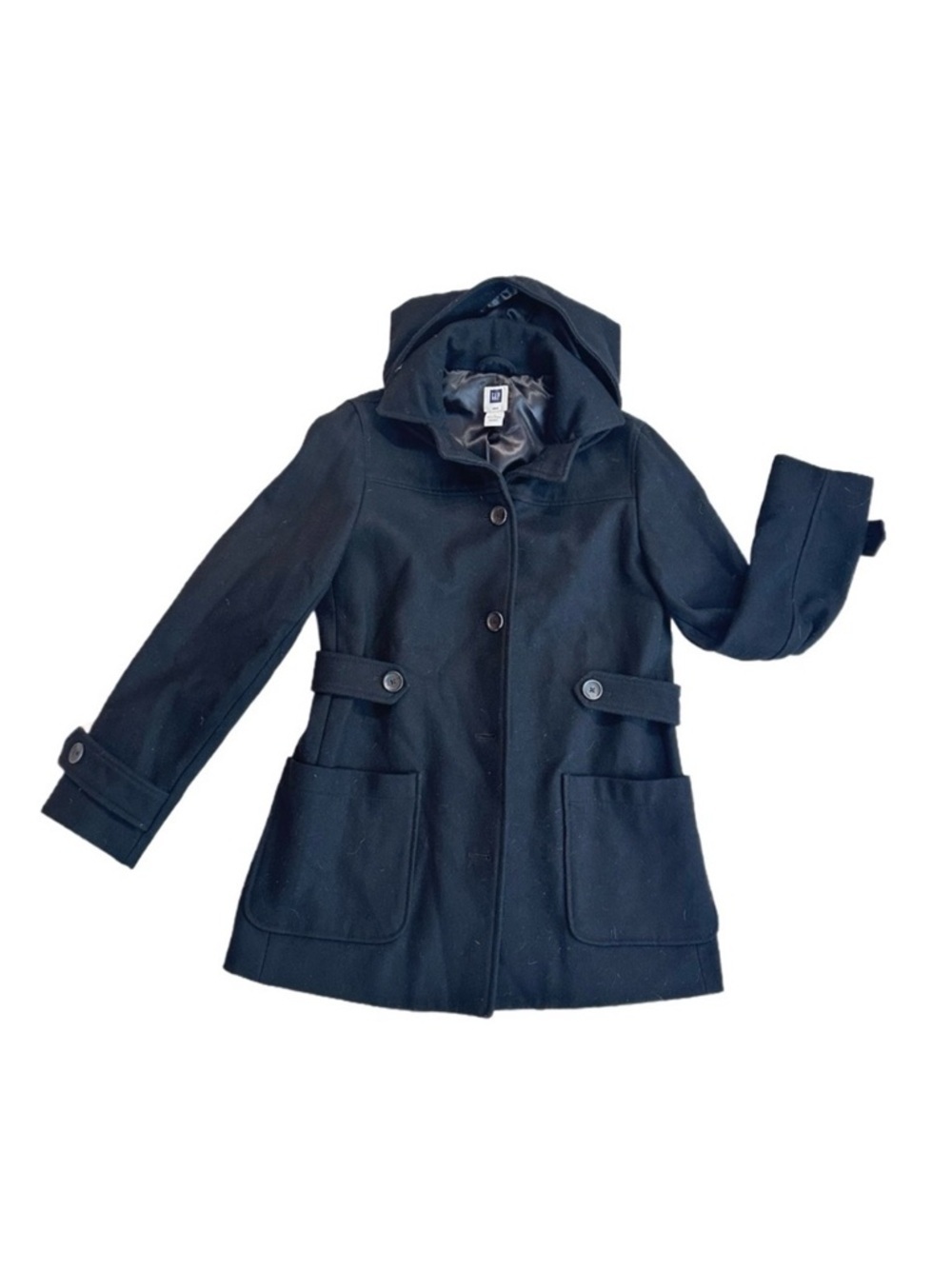 GAP Black Peacoat Hooded Removable Hood Lined Winter Coat Large Pockets